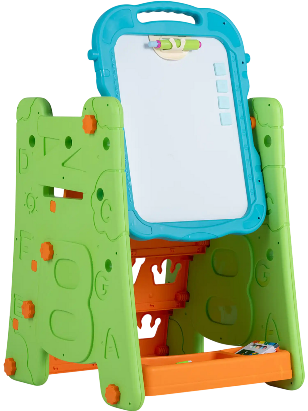 4-in-1 art easel for kids features a double-sided magnetic board, adjustable height, and ample storage for creative play.
