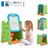 Colorful 4-in-1 art easel with double-sided magnetic board, adjustable height, and ample storage for kids' creative play.
