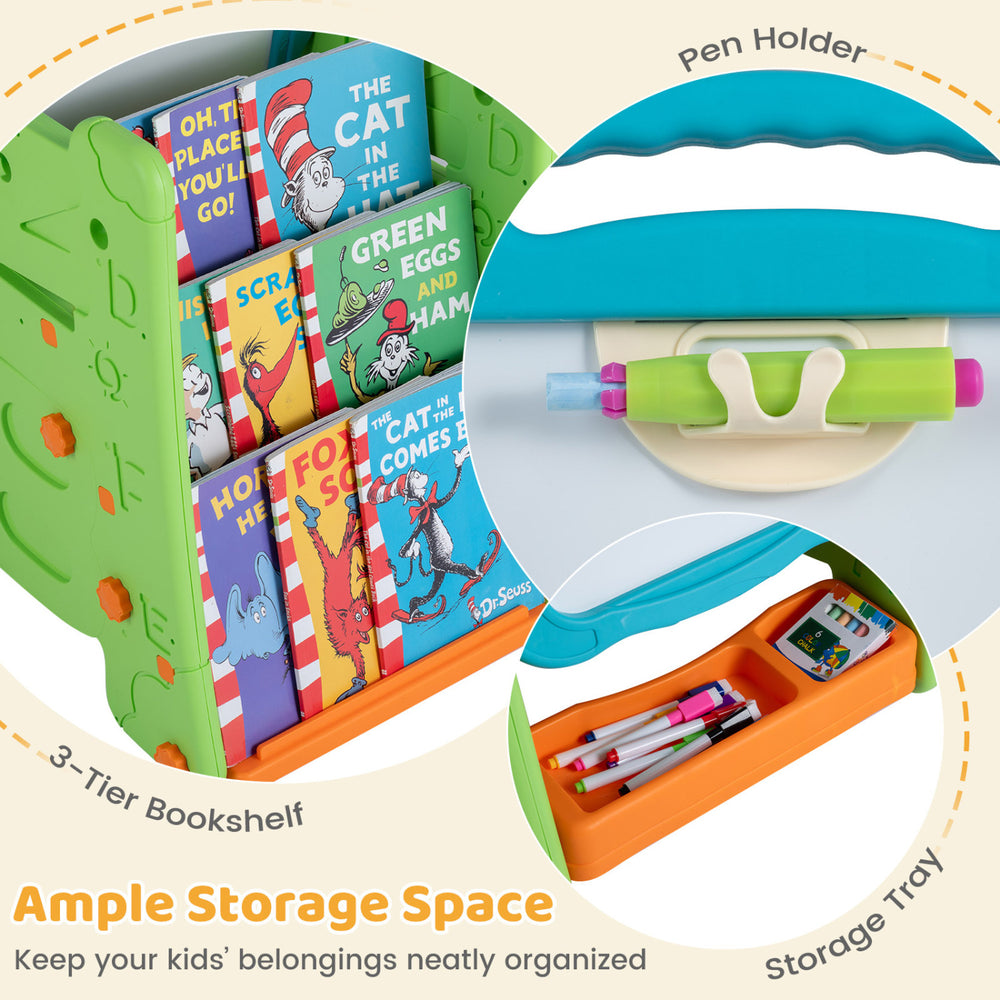 3-tier bookshelf with colorful books, pen holder, and storage tray for organizing art supplies in a kids' easel.