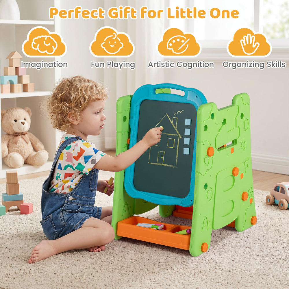 Kids' 4-in-1 art easel in green features a double-sided magnetic board, ample storage, and adjustable height for creative play.