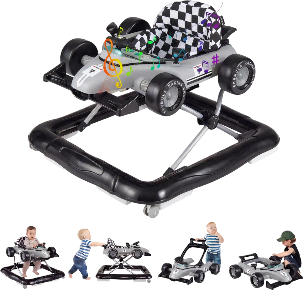 Gray 4-in-1 baby push walker activity center with adjustable height, music box, and detachable seat cushion for ages.