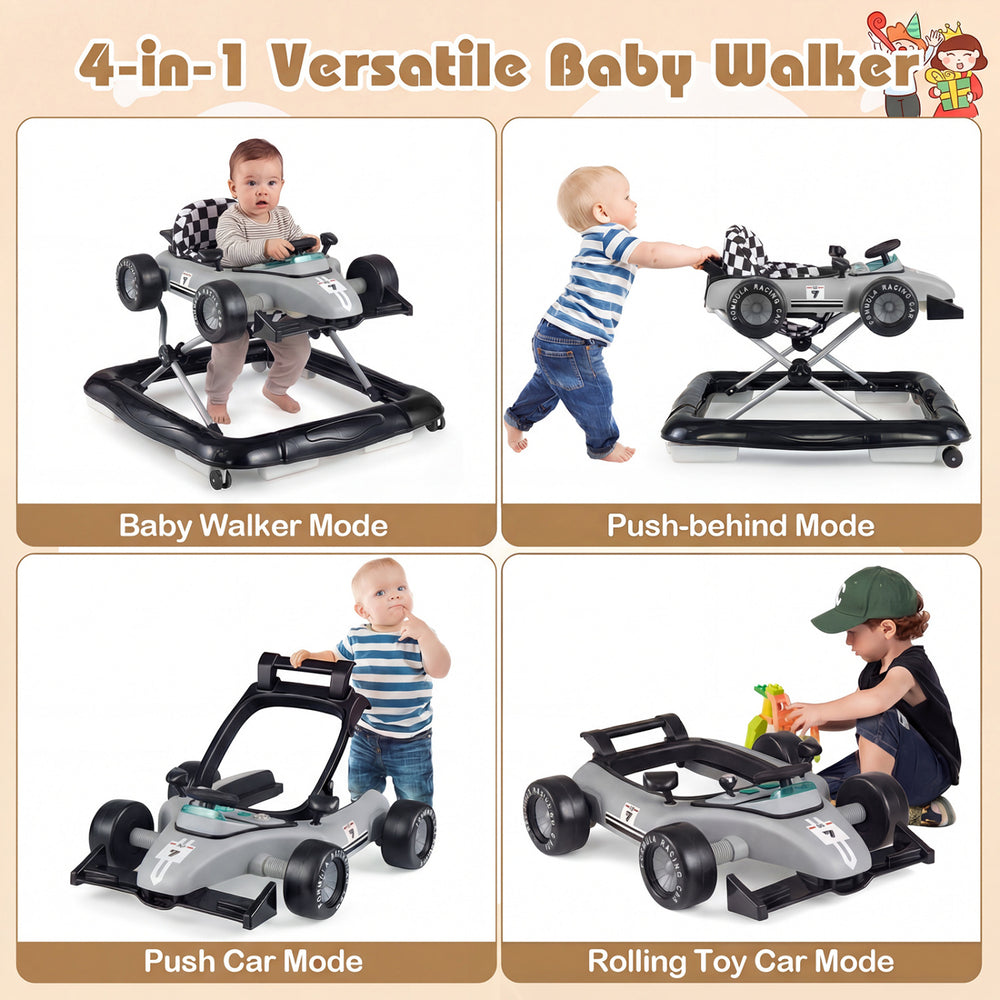 4-in-1 baby walker in gray, featuring adjustable height, music box, and push car mode for fun and safety.