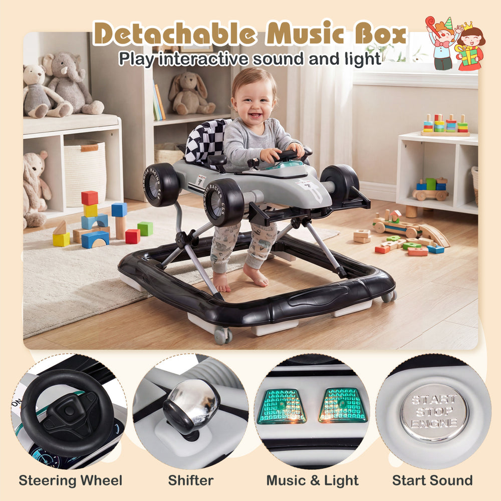 4-in-1 baby push walker activity center in gray with detachable music box, adjustable height, and interactive steering.