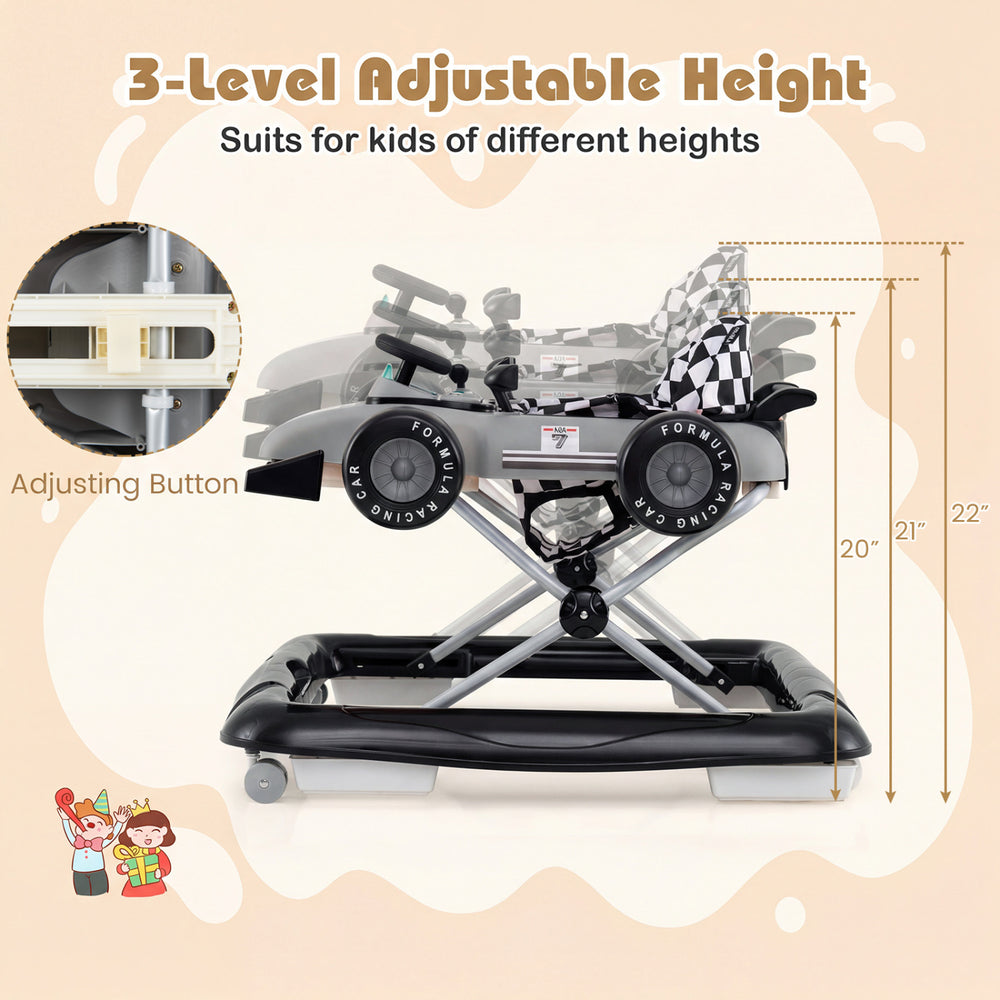 Height-adjustable baby push walker with music box, featuring a comfortable grip and foldable design for easy storage.