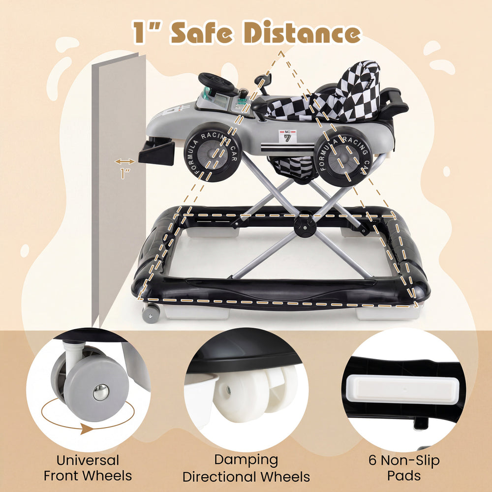 Height-adjustable gray 4-in-1 baby push walker with music box, non-slip wheels, and safe distance design for toddlers.