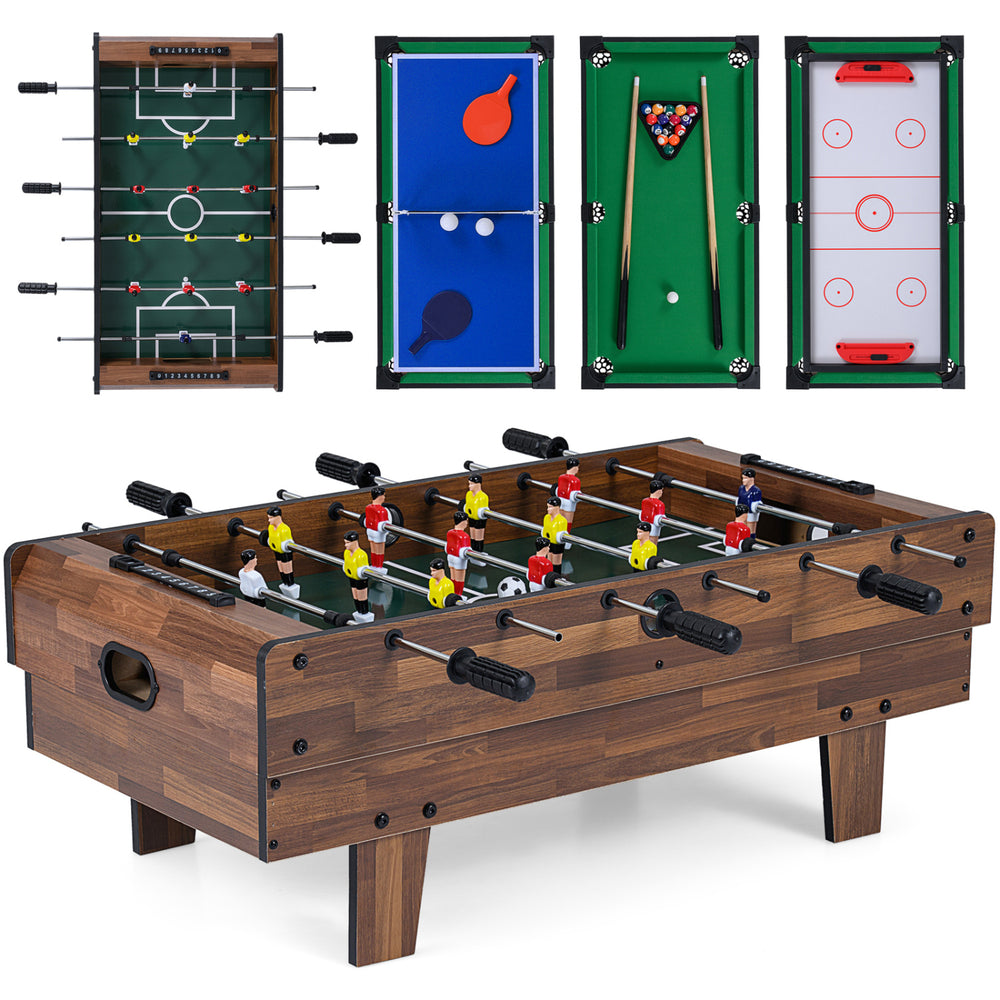 4 in 1 Combo Game Table Set featuring foosball, billiards, table tennis, and hockey for family fun and gatherings.
