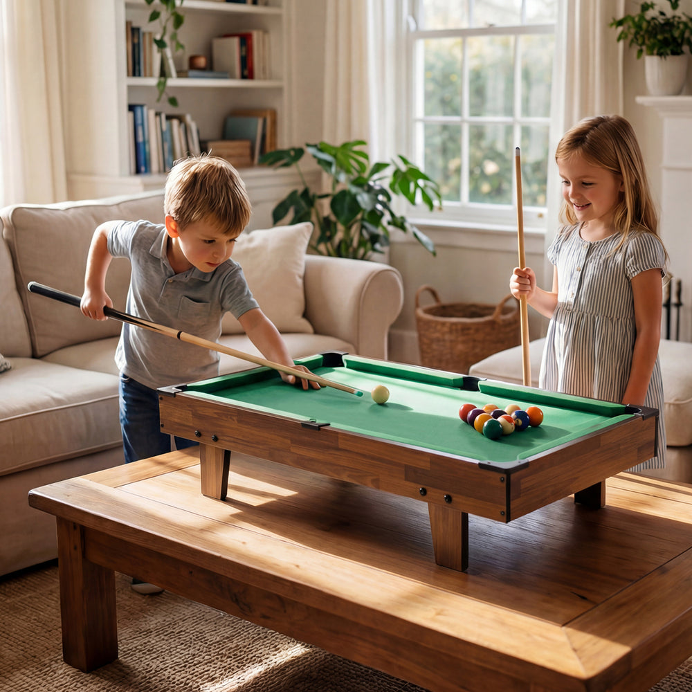 Children playing on the 4 in 1 Combo Game Table Set with Billiards, featuring a natural wood finish for family fun.