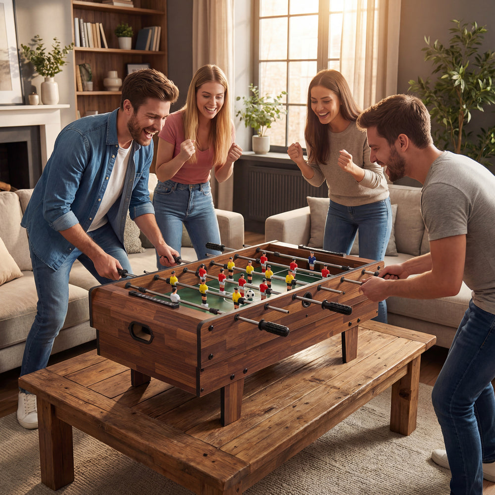 Foosball game table with players enjoying a match, part of a 4 in 1 combo game set for family fun.