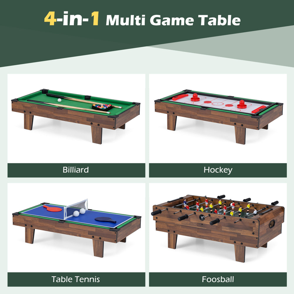 4-in-1 multi game table featuring billiards, foosball, table tennis, and hockey for family fun and gatherings.