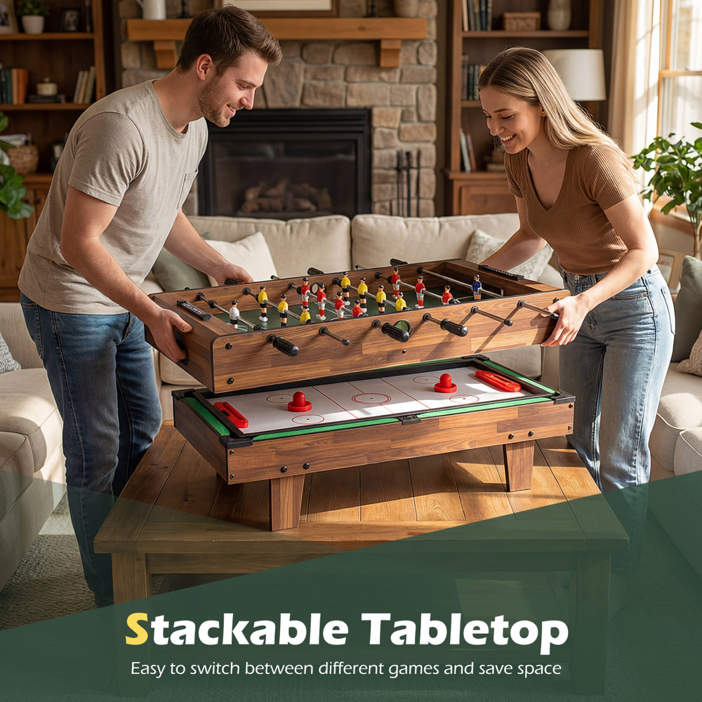 Stackable tabletop game set featuring foosball, billiards, table tennis, and hockey, perfect for family fun and.