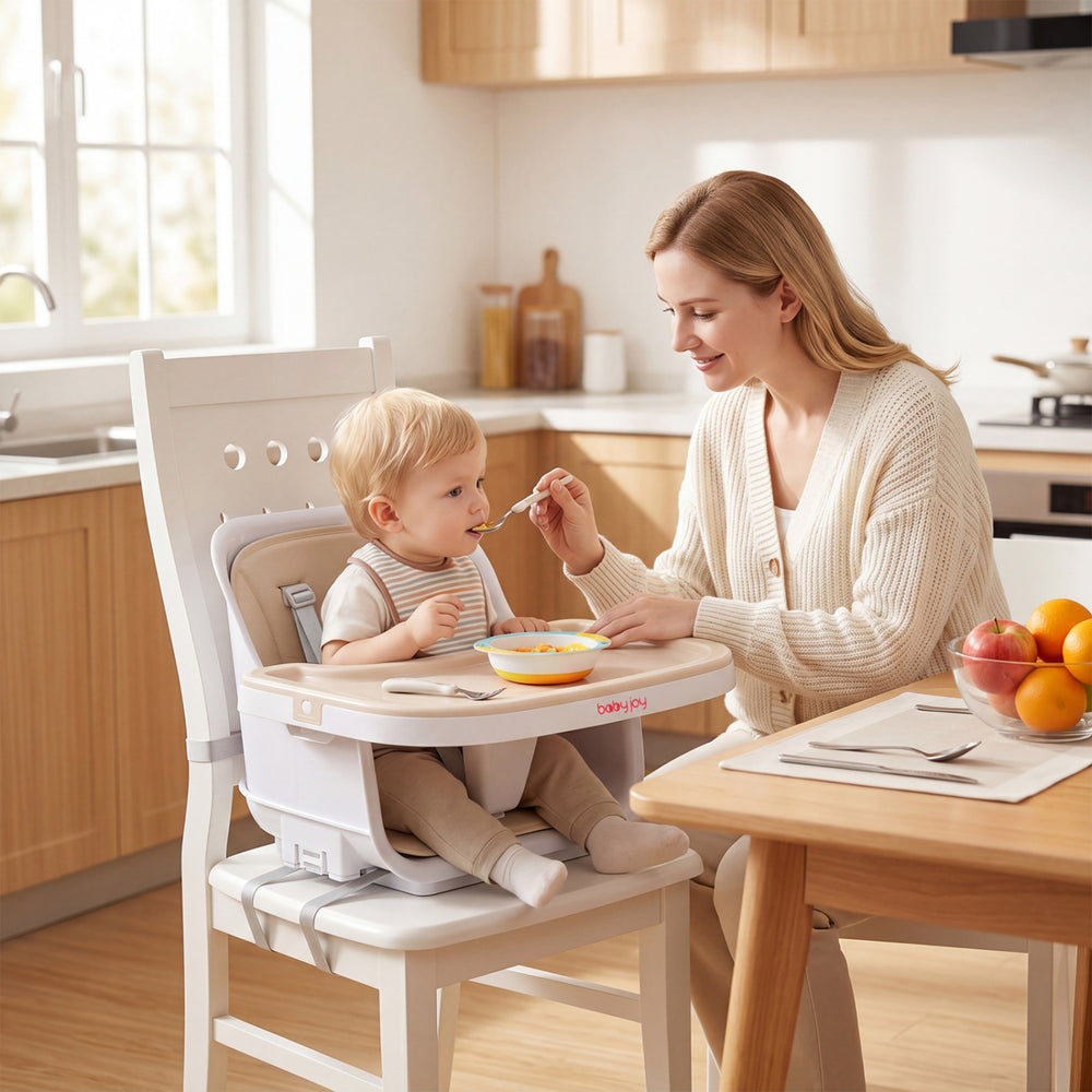 Convertible beige baby high chair with adjustable tray, footrest, and safety features for secure feeding and play.