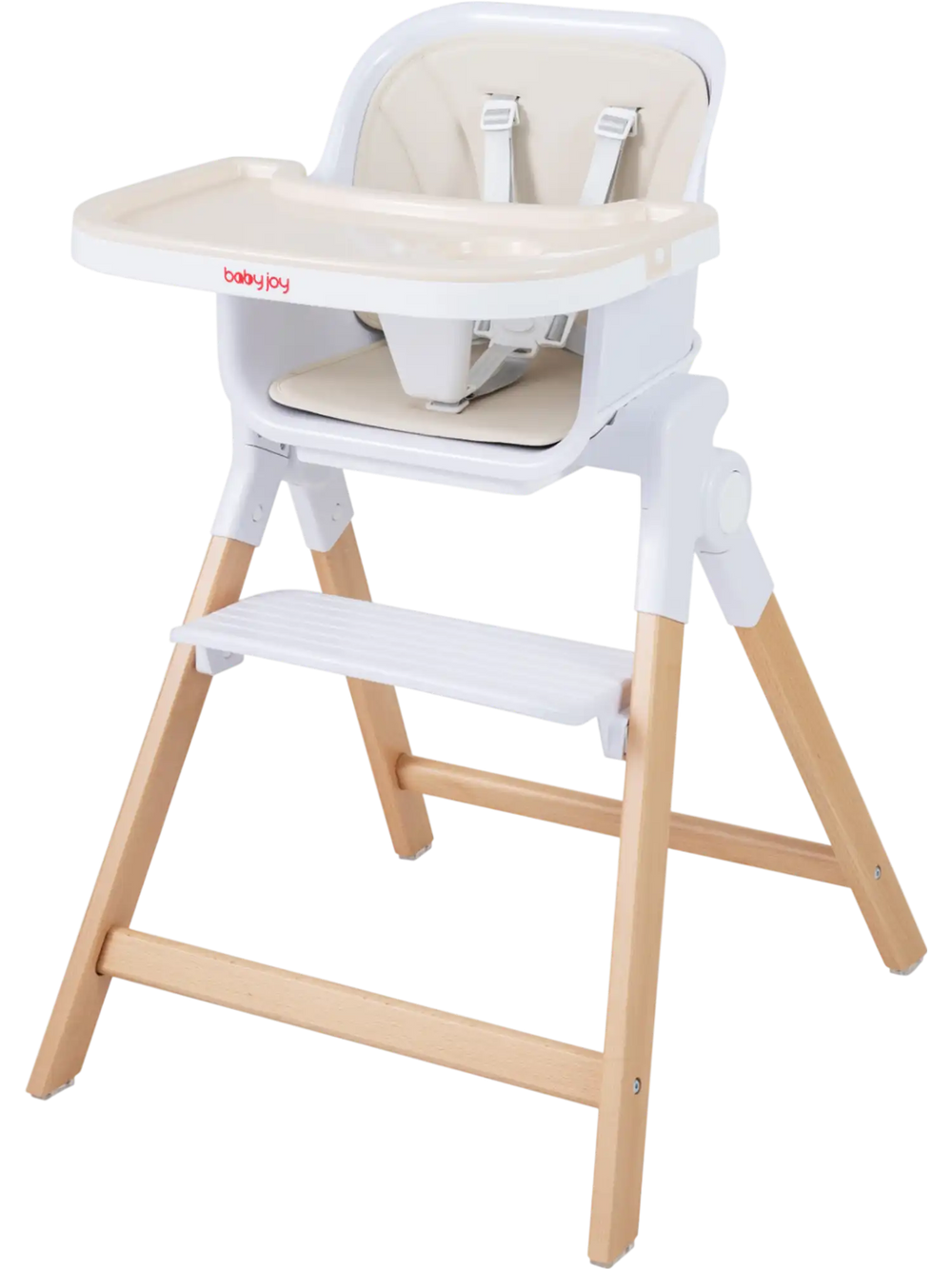 Convertible baby high chair in beige features solid wood legs, adjustable tray, and 5-point safety belt for secure feeding.
