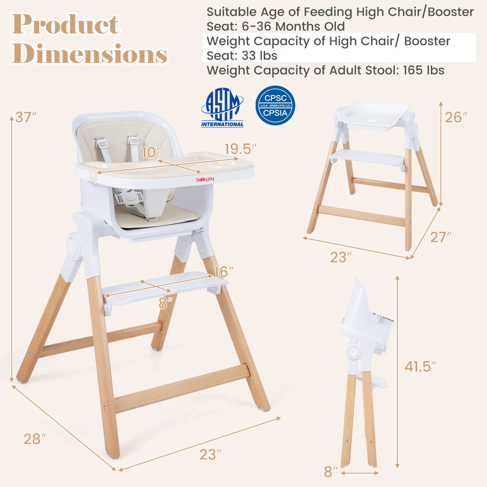 4-in-1 convertible baby high chair in beige features solid wood legs, detachable tray, and space-saving folding design.