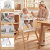 4-in-1 convertible baby high chair in beige features a detachable tray, 5-point safety belt, and solid wood legs for stability.