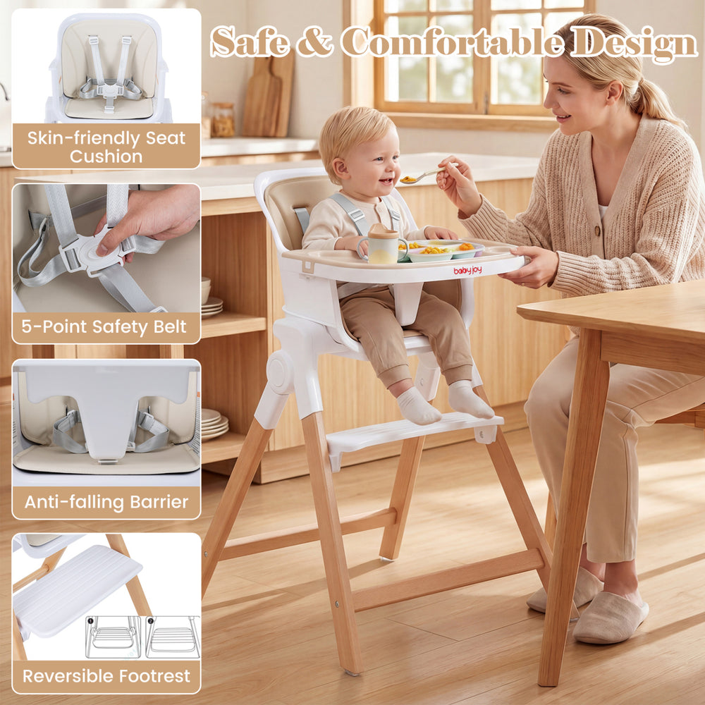 4-in-1 convertible baby high chair in beige features a detachable tray, 5-point safety belt, and solid wood legs for stability.