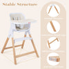 4-in-1 convertible baby high chair in beige features solid beech wood legs, adjustable tray, and anti-slip foot pads for safety.