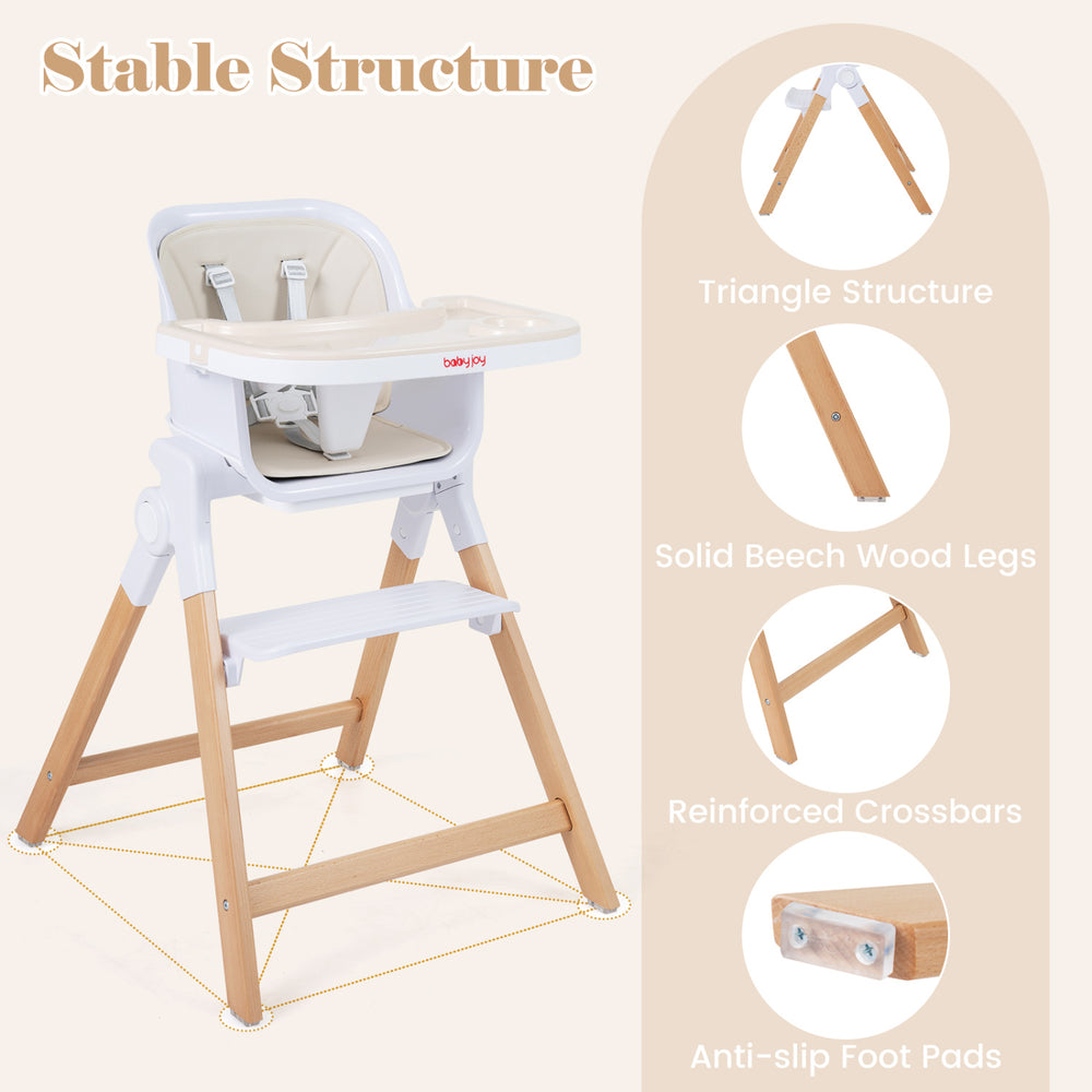 4-in-1 convertible baby high chair in beige features solid beech wood legs, adjustable tray, and anti-slip foot pads for safety.