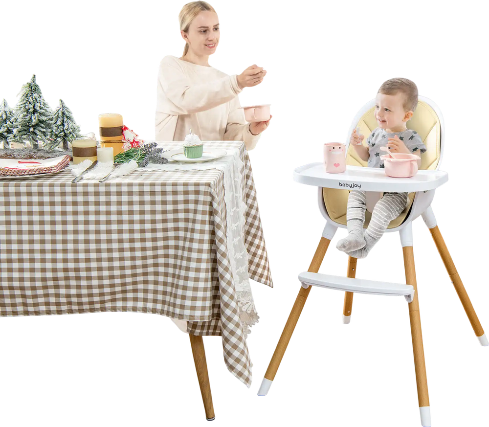 Convertible beige baby high chair with adjustable tray, 5-point harness, and removable waterproof cushion for easy.