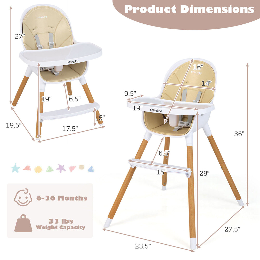 Convertible baby high chair in beige with adjustable tray, removable cushion, and stable triangular steel legs for.