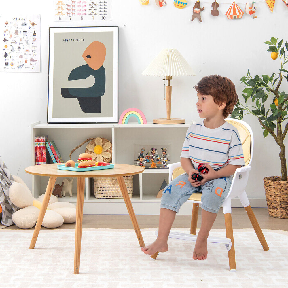 Convertible baby high chair in beige with adjustable tray, suitable for kids 3-36 months, ideal for feeding and.