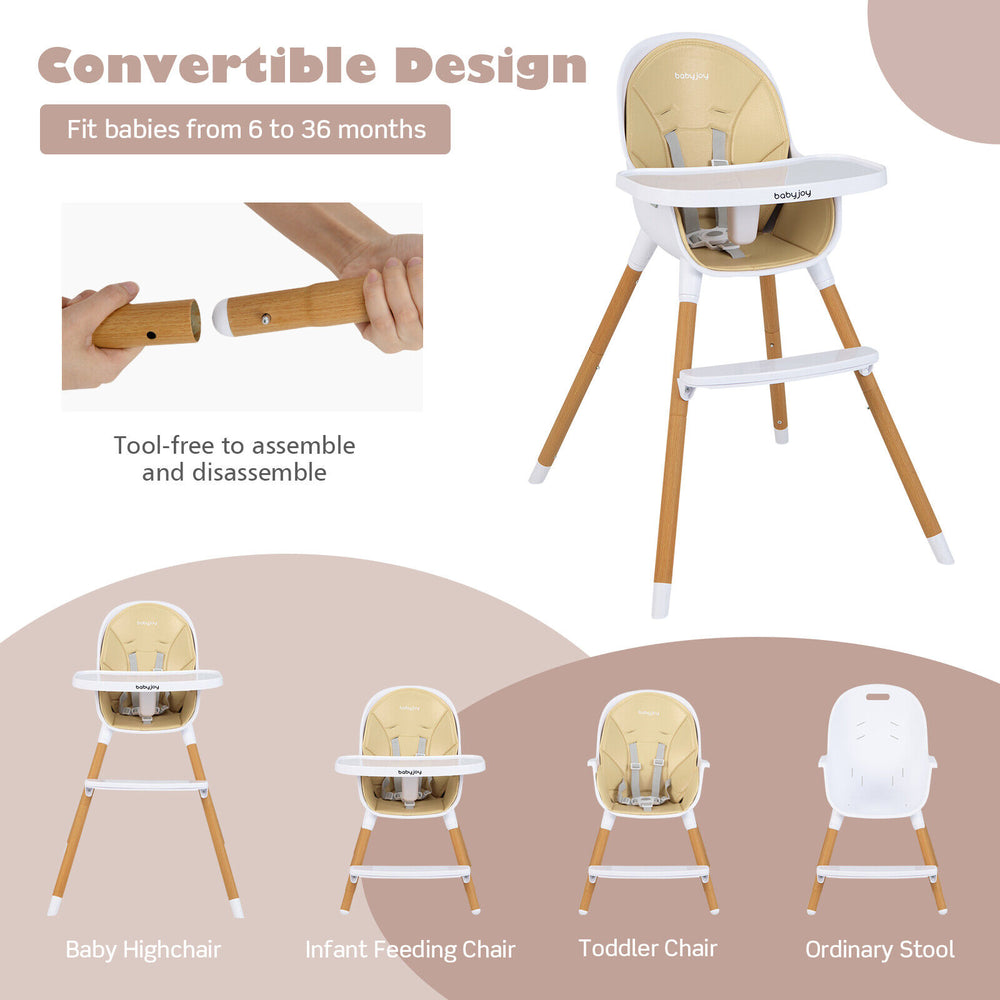 4-in-1 convertible baby high chair in beige with adjustable tray, removable cushion, and stable triangular steel legs.