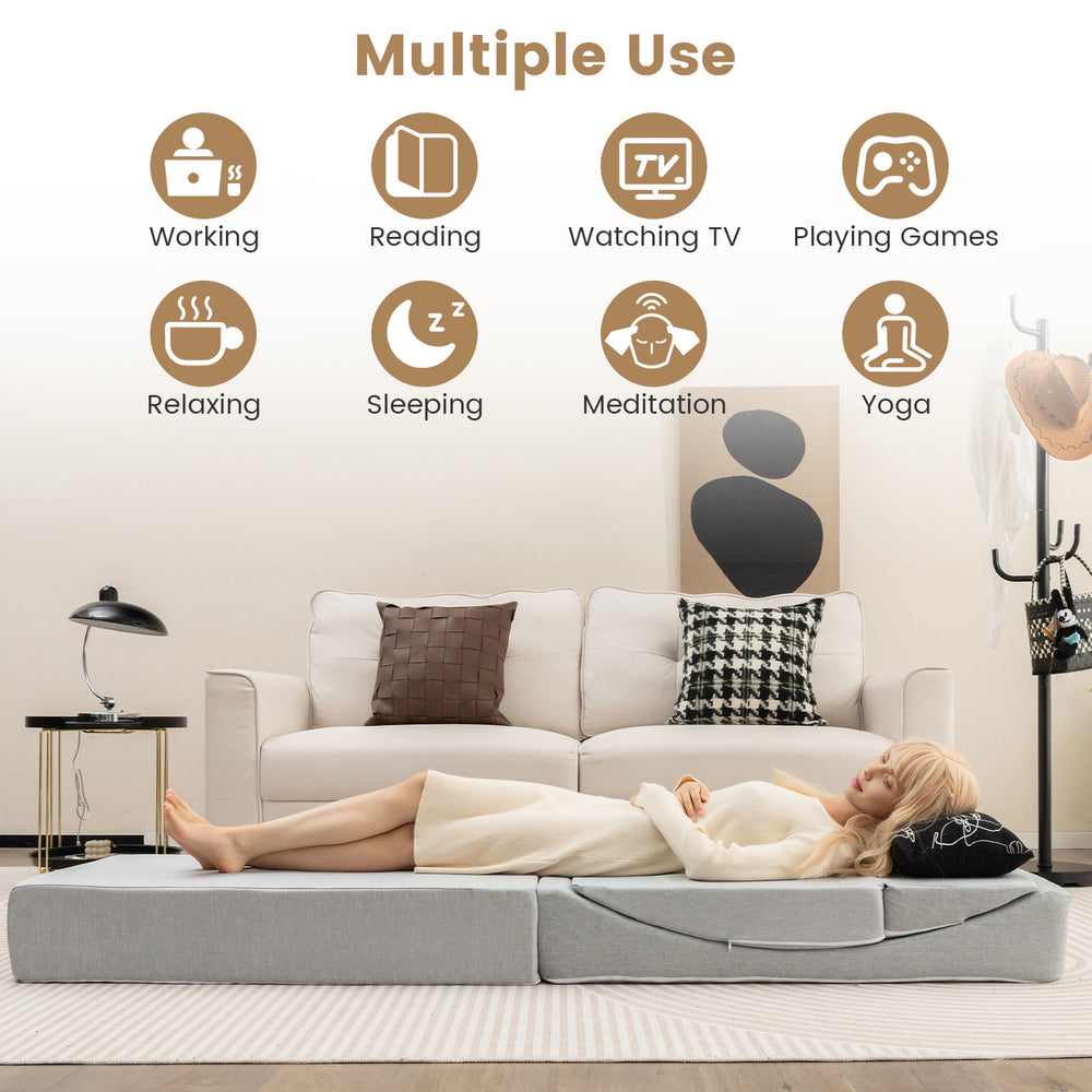 4-in-1 convertible folding sofa bed in gray, featuring high-density foam, ideal for relaxing, reading, or watching TV.