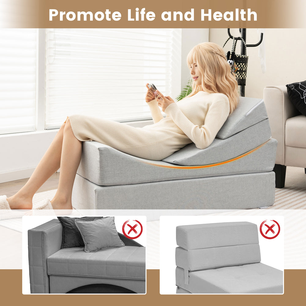 Convertible folding sofa bed in gray with high-density foam, ideal for reading and gaming in living rooms or dorms.