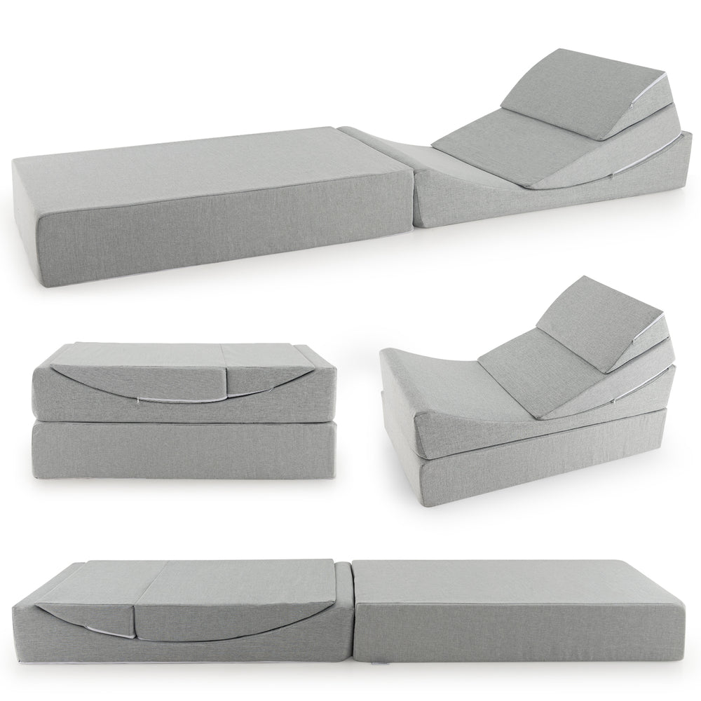Convertible folding sofa bed in gray with high-density foam, showcasing modular design for versatile use in living.