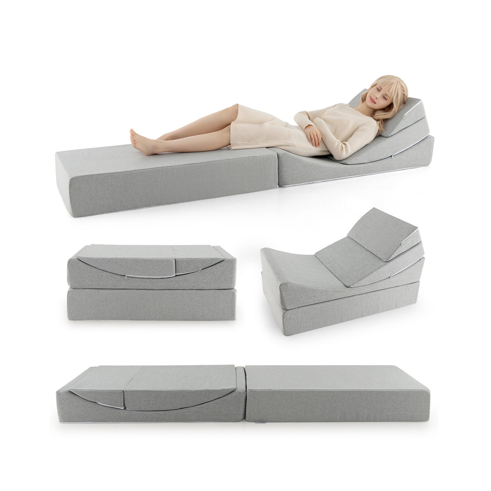 Convertible folding sofa bed in gray with high-density foam, ideal for versatile use in living rooms or dorms.