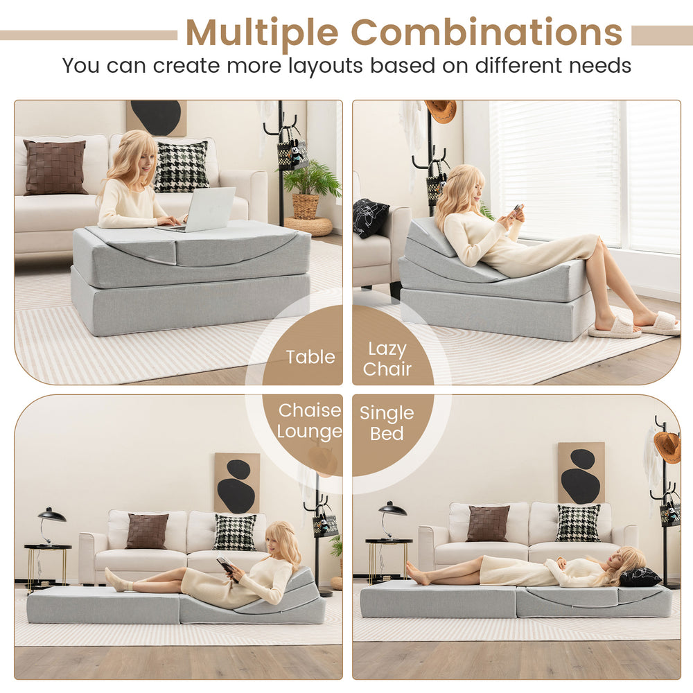 4-in-1 convertible folding sofa bed in gray, showcasing multiple configurations for versatile living room use.