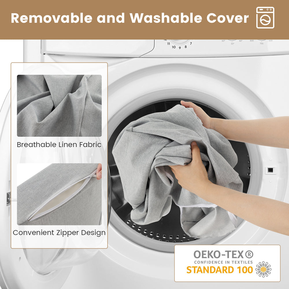 Gray linen cover of the 4-in-1 convertible folding sofa bed being placed in a washing machine for easy cleaning.