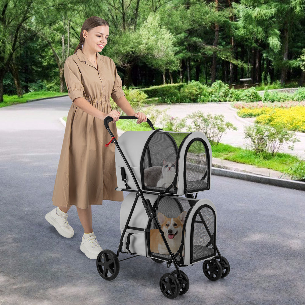 4-in-1 Double Pet Stroller with Detachable Carrier and Travel Carriage-Gray - Gallery View 1 of 9