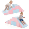 Colorful 4-in-1 foam climbing blocks with slide for toddlers, featuring pink and blue plush fabric for safe indoor play.