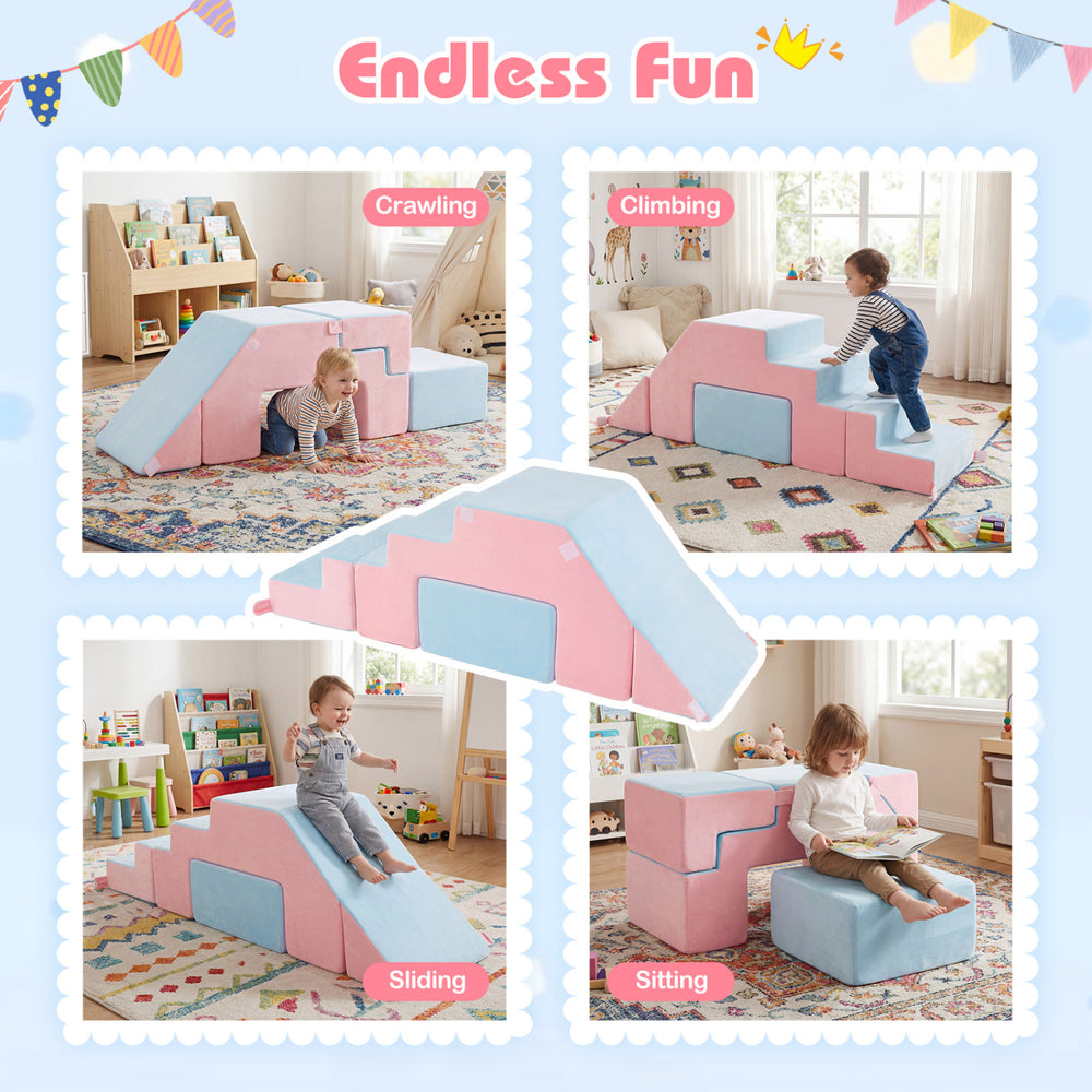 Colorful 4-in-1 foam climbing blocks in pink for toddlers, featuring a slide for crawling, climbing, and sitting activities.