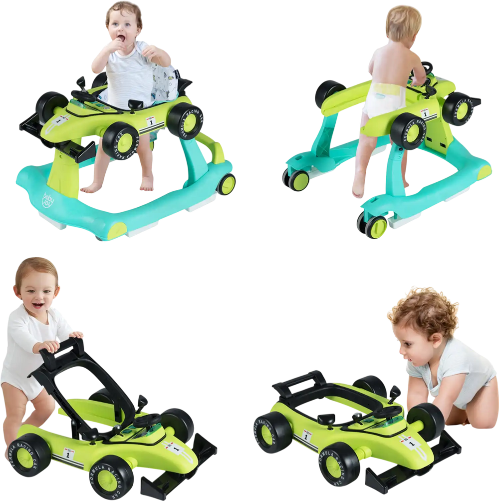 4-in-1 foldable activity push walker in green with adjustable height, safety features, and engaging toy elements for.