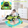 4-in-1 foldable activity push walker in green with steering wheel, music box, and adjustable height for baby playtime.