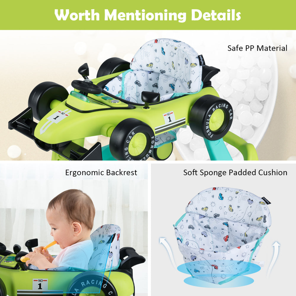 4-in-1 foldable activity push walker in green with ergonomic backrest and soft sponge padded cushion for baby comfort.