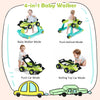 4-in-1 foldable baby walker in green, featuring adjustable height, safety bumper, and rolling toy car mode for play.