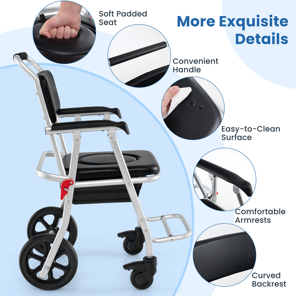 Foldable bedside commode chair with brakes, comfortable armrests, and easy-to-clean PU leather for versatile mobility.