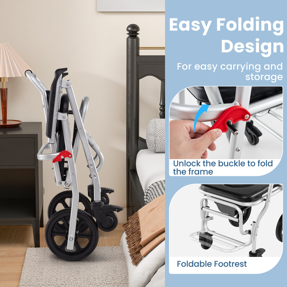 Foldable bedside commode chair with brakes, bucket, and footrest, featuring an easy folding design for convenient.
