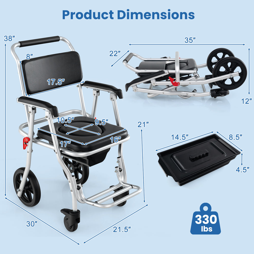 Foldable bedside commode chair with brakes, bucket, and footrest; dimensions shown for easy storage and mobility.