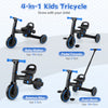 4-in-1 foldable toddler tricycle in navy with adjustable seat, push handle, and EVA foam wheels for versatile riding.