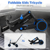 Foldable kids tricycle in navy with adjustable seat and push handle, perfect for easy storage and transport.