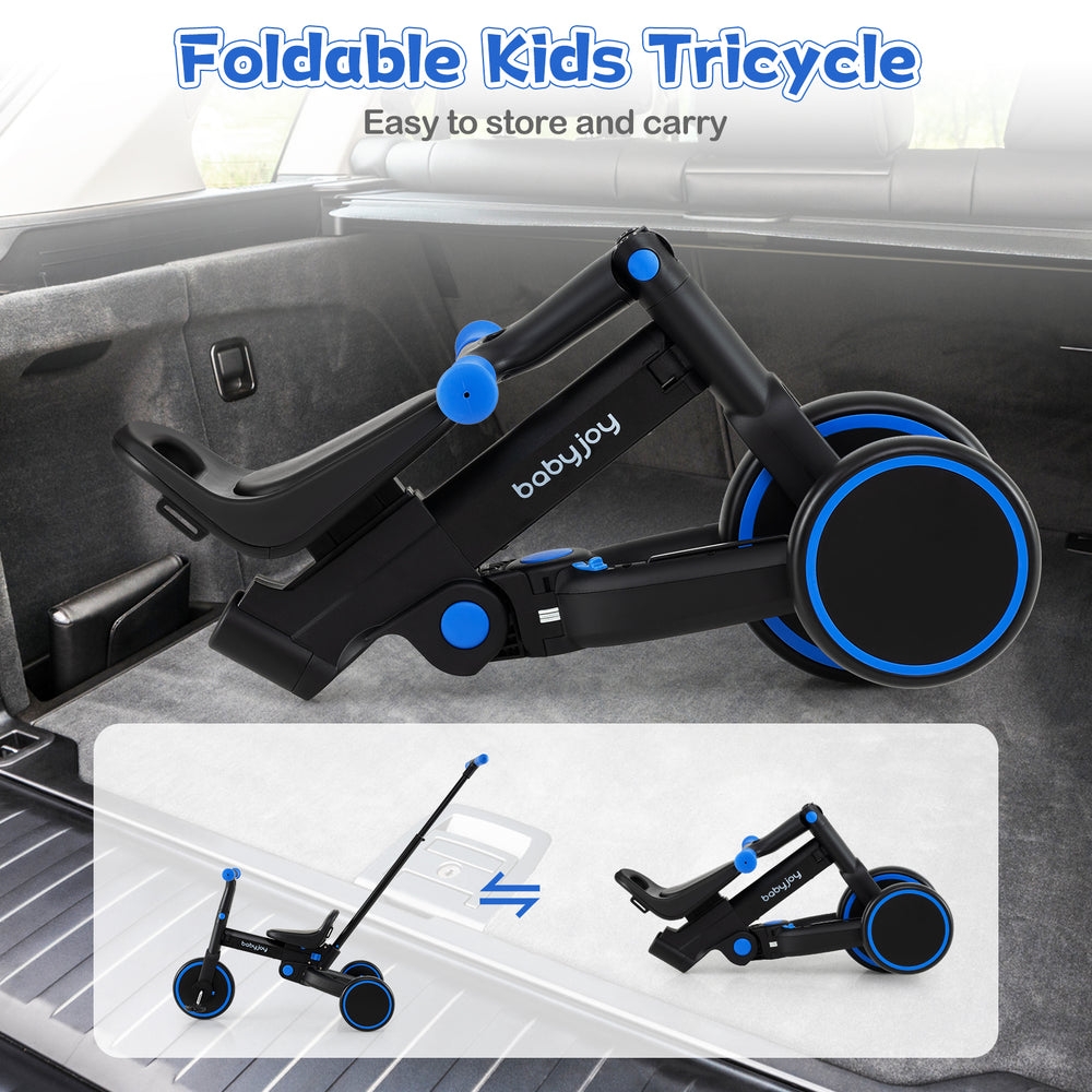 Foldable kids tricycle in navy with adjustable seat and push handle, perfect for easy storage and transport.