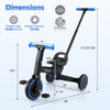 Dimensions of the 4-in-1 foldable toddler tricycle with adjustable seat and push handle, suitable for ages 18-60 months.