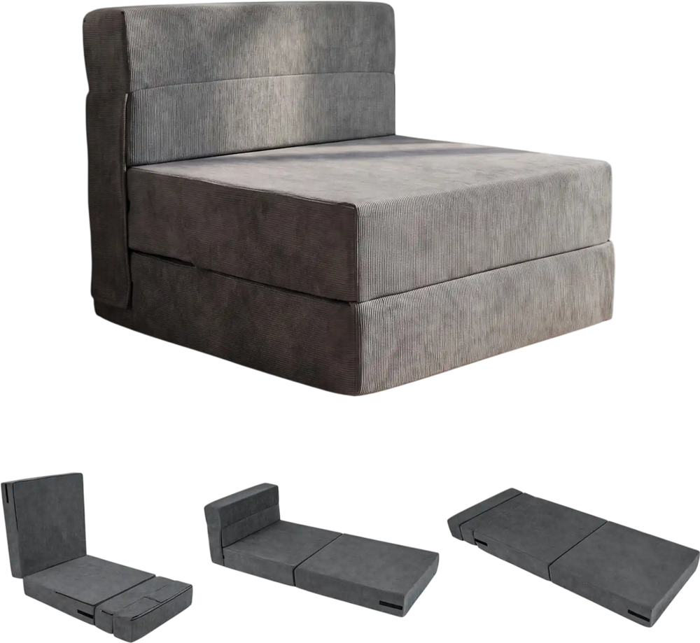 Gray 4-in-1 folding sofa bed with corduroy cover, displayed as a single chair for versatile living room seating.