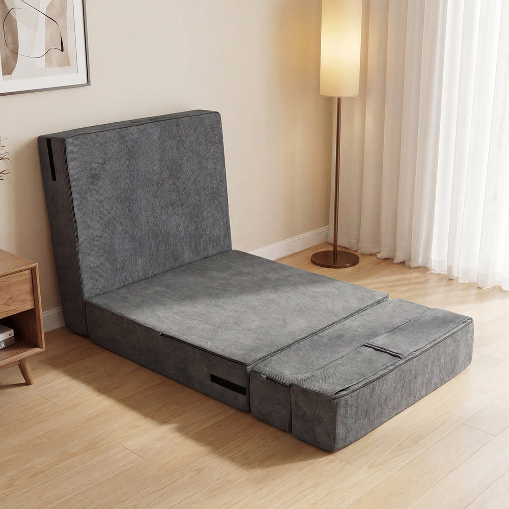4-in-1 folding sofa bed in gray corduroy with smooth zipper, ideal for versatile living room seating and sleeping.