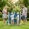 Family enjoying the 4-in-1 height adjustable row connect game in blue, perfect for outdoor gatherings and fun.