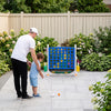 Height adjustable 4-in-1 connect game in blue, featuring a mesh net and portable carry bag for outdoor family fun.