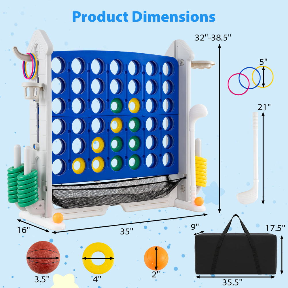 Height adjustable 4-in-1 Connect Game in blue with mesh net, carrying bag, and dimensions for indoor and outdoor fun.